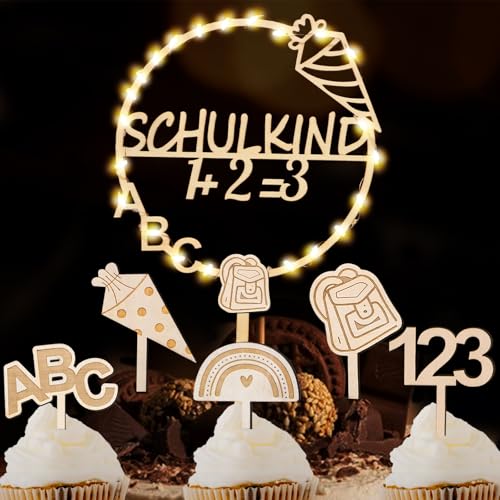 Giftota Cake Topper Einschulung Deko Holz mit LED Lichterkette - 6 STK Tortendeko für Einschulung, Schulanfang - Ideal für Jungen Mädchen - Schulkind, Zuckertüte ABC 123 Regenbogen Motiv von Giftota