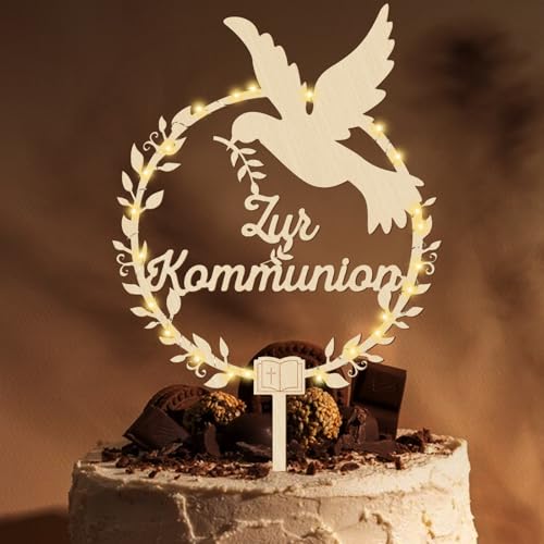 Giftota Cake Topper zur Kommunion aus Holz mit LED Lichterkette - Tortendeko Kommunion - Erstkommunion Tortendeko für Junge Mädchen - Kommunion Deko von Giftota