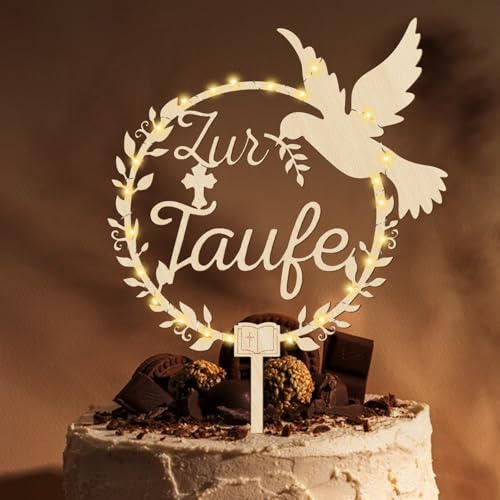 Giftota Cake Topper zur Taufe aus Holz mit LED Lichterkette, Zur Taufe Tortendeko für Mädchen, Junge - Taufe Deko Mädchen, Junge von Giftota