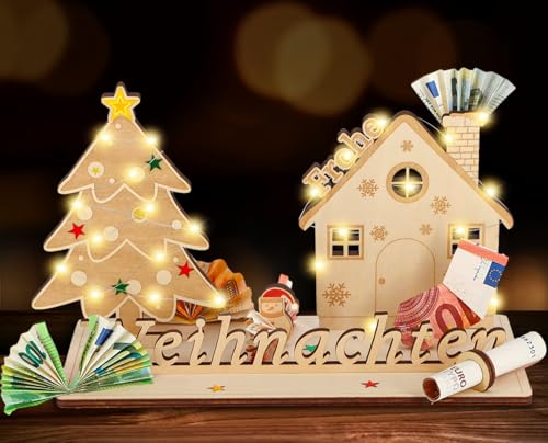 Giftota Geldgeschenk zu Weihnachten mit LED Lichterkette, Kreative Weihnachten Geldgeschenk Holz, Geldverpackung Weihnachten, Geschenkideen Weihnachten Geschenk für Mann Frau Freund Familie von Giftota