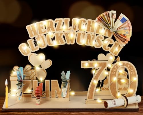 Giftota Original 70. Geburtstag Geldgeschenke Holz mit LED Lichterkette, Geschenke zum 70 Geburtstag Mann Frau, 70. Geburtstag Dekoration von Giftota