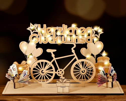 Giftota Original Fahrrad Geburtstag Geldgeschenke Holz mit LED Lichterkette - Geldgeschenk Fahrrad für Radfahrer, Freunde, Familie - Fahrrad Deko von Giftota