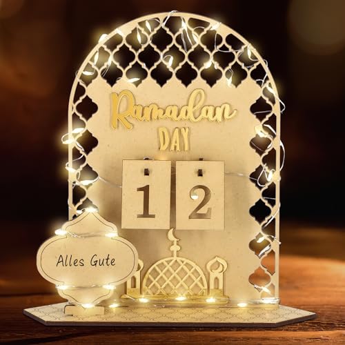 Giftota Ramadan Kalender mit LED Lichterkette, Ramadan Deko Aus Holz, Ramadan Mubarak Dekoration, Eid Mubarak Dekoration, Ramadan Kalender Kinder, Familien von Giftota