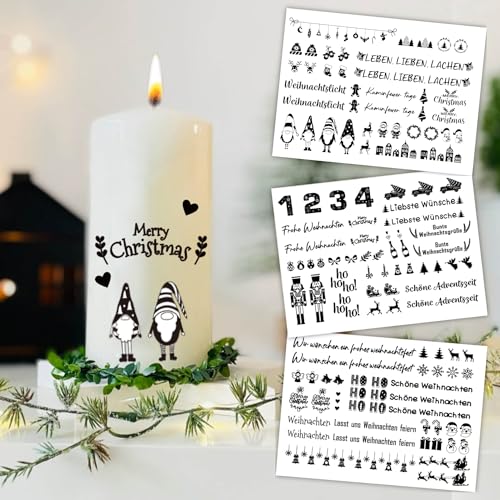 Giftota Upgrade Rub On Sticker Transfers 3PCS Kerzentattoos Weihnachten, DIY Kerzen aufkleber Weihnachten (150+ Muster), Weihnachtssticker für Kerzen, Keramik, Glas, Holz von Giftota