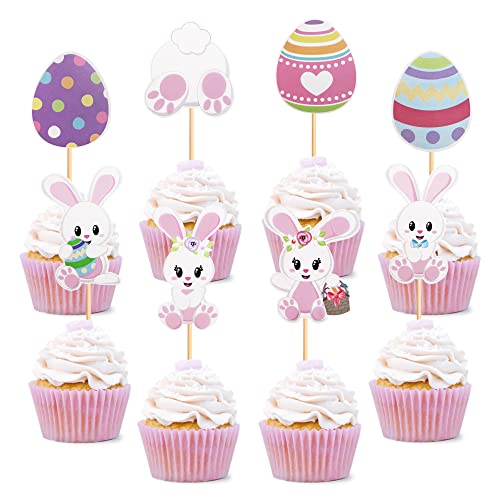 32 Stück Oster-Cupcake-Topper Häschen Cupcake Topper Osterei Cupcake Topper Kaninchen Ostern Party Kuchen Topper Dekorationen Häschen Rückseite von Giga Gud