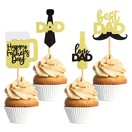 32 Stück Vatertag Cupcake Topper Happy Father's Day Beer Tie Black Gold Glitter Cupcake Topper Geburtstag Party Kuchen Dekorationen Topper Picks für Vatergeburtstag Party Geburtstag Party Zubehör (Bier) von Giga Gud