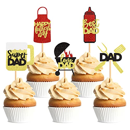 35 Stück Vatertag Cupcake Topper BBQ Thema Happy Father's Day Rot Gold Glitter Cupcake Topper Geburtstag Party Kuchen Dekorationen Topper Picks für Vatergeburtstag Party Geburtstag Feiern Party Supply(BBQ) von Giga Gud