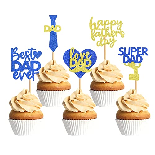 35 Stück Vatertag Cupcake Topper Happy Father's Day Blue Gold Glitter Cupcake Topper Geburtstag Party Kuchen Dekorationen Topper Picks für Vatertag Geburtstag Party Geburtstag Feier Party Zubehör (blaues Herz) von Giga Gud