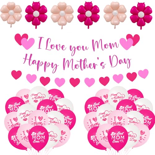 Happy Mother's Day Banner Set Dekoration für Muttertag Party Dekorationen Hintergrund Girlande für Mama Muttertag Glitzer Girlande Foto Requisiten (3 Stück) (Rosa Blume) von Giga Gud