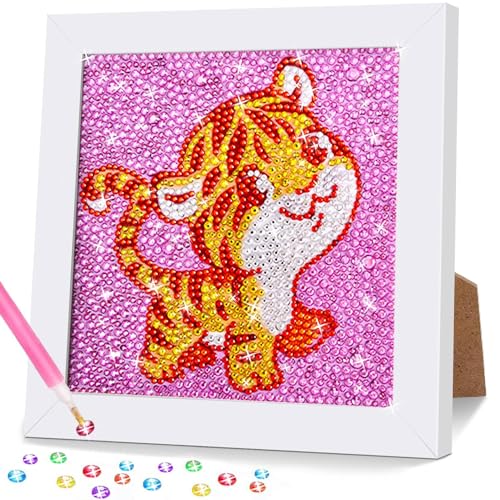 Gigflpyo Diamond Pasted Painting Kinder Mit Holzrahmen, 5D DIY Diamond Pasted Painting Set, Diamant Mosaikherstellung Painting Bilder Cartoon, Diamant Bilder Arts Craft für Home Wand Decor（Tiger） von Gigflpyo