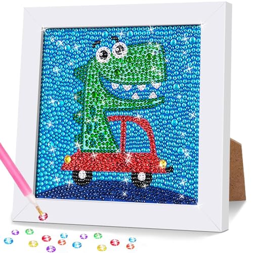 Gigflpyo Diamond Pasted Painting Kinder Mit Holzrahmen, 5D DIY Diamond Pasted Painting Set, Diamant Mosaikherstellung Painting Bilder Cartoon, Diamant Bilder Arts Craft für Home Wand Decor-Dinosaur von Gigflpyo