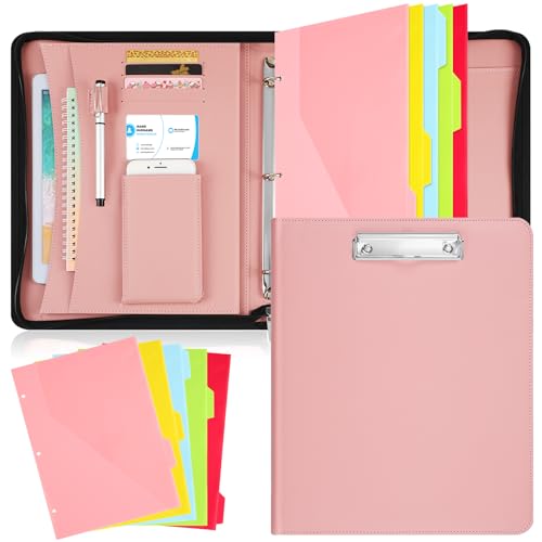 Gilprop Leder-Padfolio-Mappe mit Reißverschluss, 3-Ringbuch mit Aufbewahrungs-Klemmbrett-Taschen, passend für Papier in Briefgröße mit 5 Trennseiten, Business-Portfolio-Padfolio-Tasche für Damen und von Gilprop