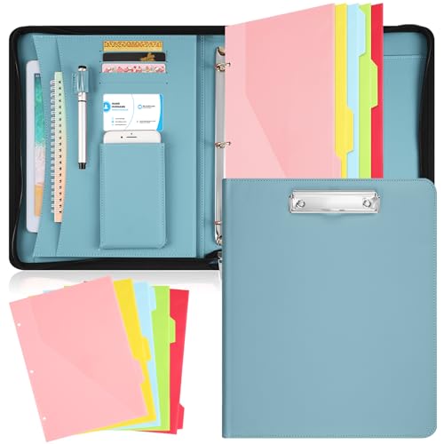 Gilprop Padfolio-Organizer mit Reißverschluss, Leder-Portfolio mit 3-Ringbuch, Business-Ordner mit 5 Ordnern, Trennseiten für Tablet, Lebenslauf, Dokumente, Visitenkarten (Graublau) von Gilprop