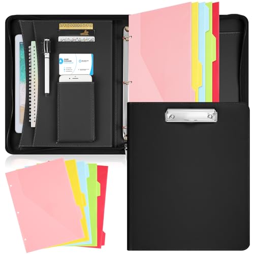 Gilprop Padfolio Portfolio-Organizer mit Reißverschluss, Leder-Portfolio mit 3-Ringbuch, Business-Ordner mit 5 Ordner-Trennseiten für Tablet, Lebenslauf, Dokumente, Visitenkarten (schwarz) von Gilprop