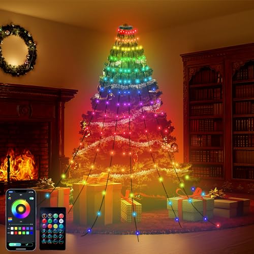 Gimisgu Lichterkette Weihnachtsbaum mit Ring Christbaumbeleuchtung innen & außen mit Timer Funktion und Speicherfunktion 8 Stränge 160 Wasserdicht LEDs Lichterkette für 90cm-200cm Xmas Tree von Gimisgu