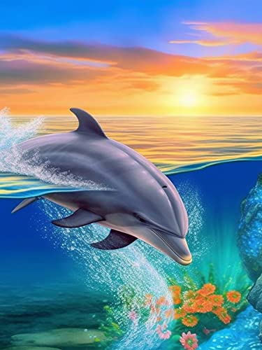 Ginfonr 5D Diamond Painting Diamante Pintura Delfín Amanecer Kits, Punto De Cruz Diamante Pintura Animal Paisaje De Taladro Completo Con Decoración De Pared De Diamantes Art 30 * 40 cm von Ginfonr