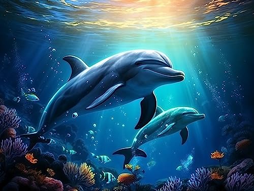 Ginfonr DIY Diamond Painting Zubehör Delfin Unterwasser Set Full, 5D Diamant Painting Tiere Bilder Kit Crystal Rhinestone Embroidery Decoration Für Home Wall Décor 30x40cm von Ginfonr