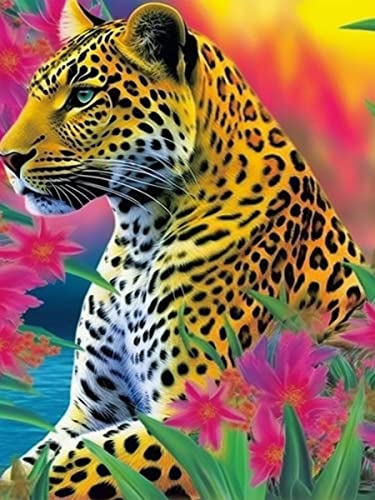 Ginfonr DIY Diamond Painting Zubehör Farbe Leopard Set Full, 5D Diamant Painting Blume Tier Bilder Kit Crystal Rhinestone Embroidery Decoration Für Home Wall Décor 30x40 cm von Ginfonr