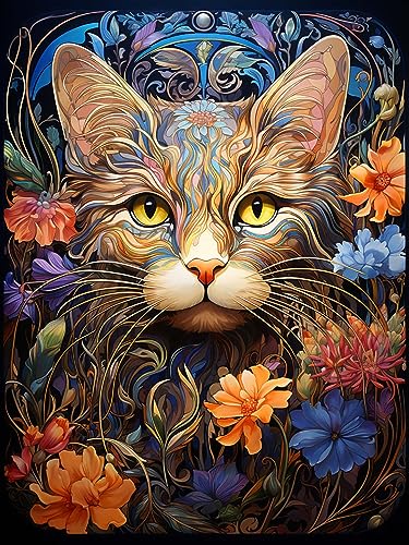 Ginfonr DIY Diamond Painting Zubehör Katze Blume Set Full, 5D Diamant Painting Tier Bilder Kit Crystal Rhinestone Embroidery Decoration Für Home Wall Décor 30x40 cm von Ginfonr