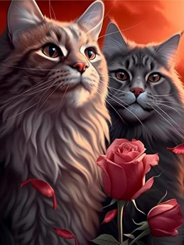 Ginfonr DIY Diamond Painting Zubehör Katze Rose Set Full, 5D Diamant Painting Tiere Bilder Kit Crystal Rhinestone Embroidery Decoration Für Home Wall Décor 30x40 cm von Ginfonr