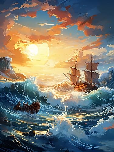 Ginfonr DIY Diamond Painting Zubehör Segelboot Meer Sonnenuntergang Set Full, 5D Diamant Painting Landschaft Bilder Kit Crystal Rhinestone Embroidery Decoration Für Home Wall Décor 30x40cm von Ginfonr