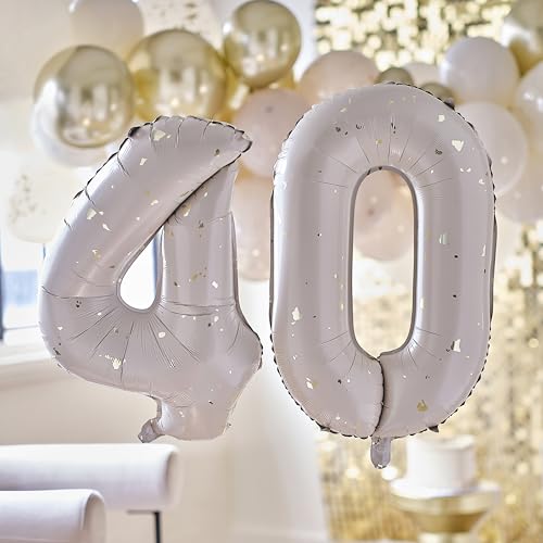 Ginger Ray 40th Birthday 2 Foil Number Balloons in Neutral & Gold Speckle with Straw Milestone Balloon Bundle - 26 Inches von Ginger Ray