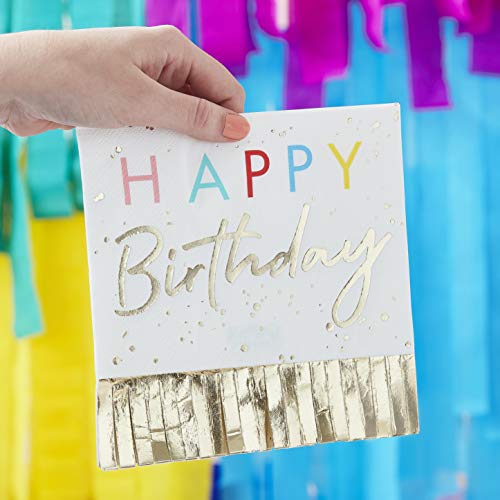 Ginger Ray Bright Rainbow and Gold Foil Papierservietten Happy Birthday, mit Goldfolien-Fransen, 16 Stück von Ginger Ray