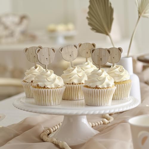 Ginger Ray Cupcake-Topper in Form eines Teddybären aus Holz für Babypartys, Kuchendekorationen, 6er-Pack, Neutral von Ginger Ray