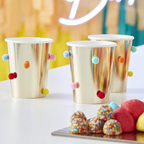 Ginger Ray Gold Foil with Bright Rainbow Poms Pappbecher, 8 Stück von Ginger Ray