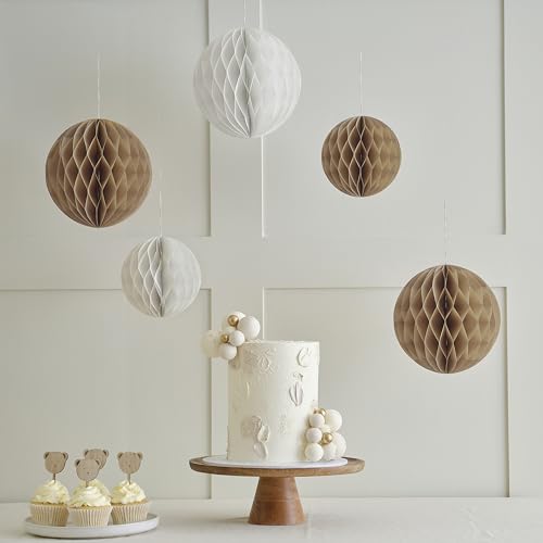 Ginger Ray Neutral Ivory and Light Brown Hanging Honeycombs Baby Shower Decoration 5 Pack, Variety Pack von Ginger Ray