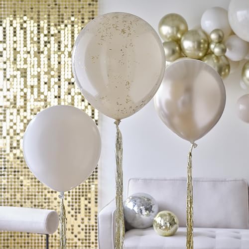 Ginger Ray Neutral and Gold Latex Balloons Bundle with Gold Tassel Tails Birthday Party Decorations 3 Pack von Ginger Ray