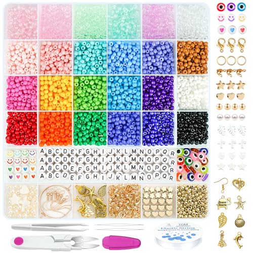 Gionlion 4mm Bunte Glasperlen Set, 24 Bunte Perlen für Armbänder, DIY Perlen zum Auffädeln mit Buchstabenperlen für Geschenkidee Armbänder, Perlen zum Auffädeln Set für DIY Handwerk von Gionlion