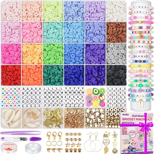 Gionlion 6000 Clay Beads Armband Making Kit, Freundschaftsarmband Kits Preppy Perlen für Schmuckherstellung, Flache Heishi Perlen für Armband, Kunst und Handwerk Geschenke für Teen Girls von Gionlion