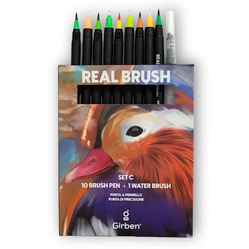 Girben Real Brush Pen Set zum Zeichnen und Lettering - 10 Aquarellstifte mit doppelter Spitze (1 weich und 1 fein und hart 0,5 mm) und 1 Wasserstift für Aquarelle von Girben