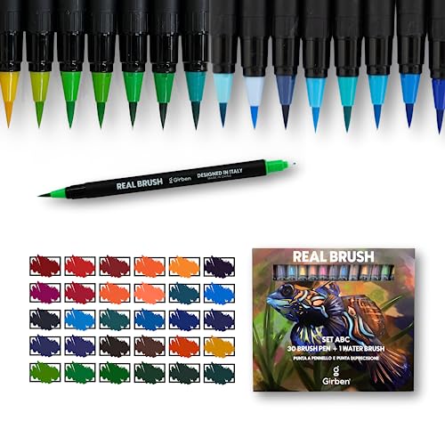 Girben Real Brush Pen Set zum Zeichnen und Lettering - 30 Aquarellstifte mit doppelter Spitze (1 weich und 1 fein und hart 0,5 mm) und 1 Wasserstift für Aquarelle von Girben