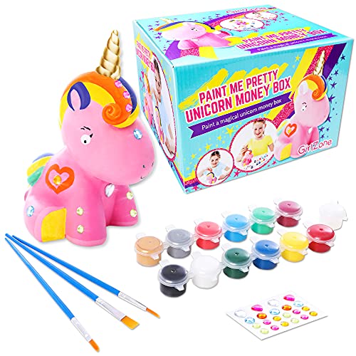 GirlZone Geschenke für Mädchen -Spardose Einhorn zum Basteln und Malen - Bastelset für Mädchen mit Pinseln, Malfarben, Schmucksteinen und Stickern Sparschwein Kinder 4-12 von GirlZone