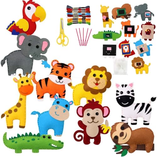 Nähset Kinder ab 6 Jahre, Filztiere Nähen Set für Anfänger Mädchen Jungen, kreativ DIY Bastelset Kinder mit farbige Stickgarn Plastiknadeln Schere Füllwatte Nähzeug, Animals Sewing Kit(Waldtier) von Girlove