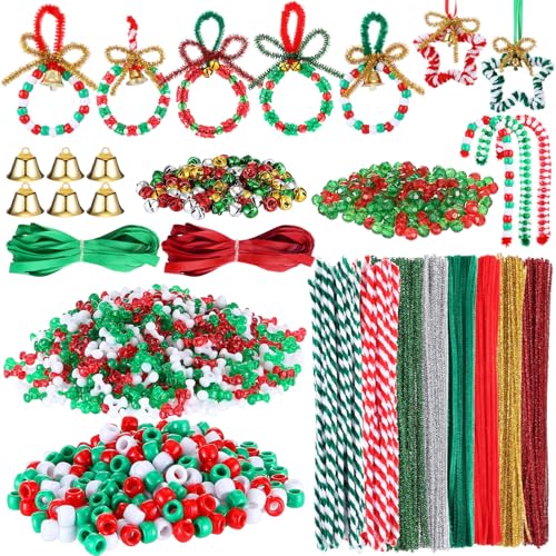 Gisafai 3009-teiliges Weihnachts-Perlen-Ornament-Set enthält Weihnachtspfeifenreiniger, Tri-Perlen, polygonale Perlen, runde Perlen, goldene Glocken, Bänder für Weihnachtsfeier, Bastelkranz, von Gisafai