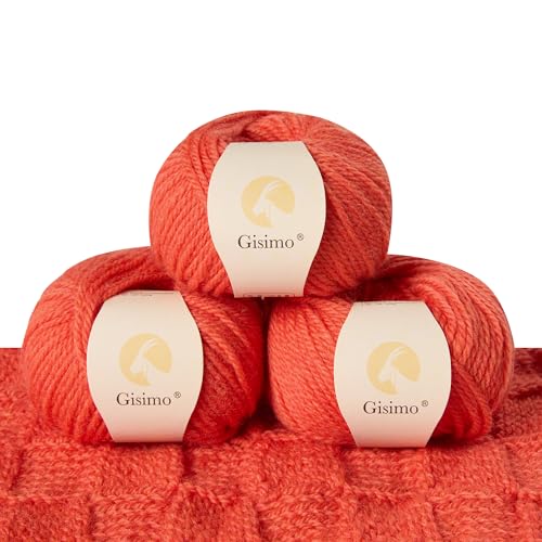 Gisimo 100 % Merinowolle, 3-lagig, luxuriöses und weiches Garn zum Handstricken und Häkeln (Orange, 3 Knäuel) von Gisimo