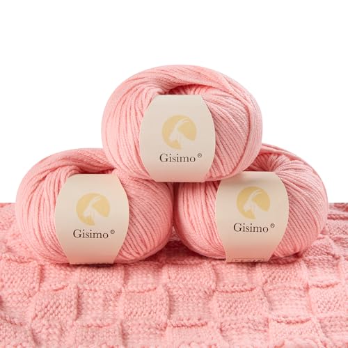 Gisimo 100 % Merinowolle, 6-lagig, luxuriöses und weiches Garn zum Handstricken und Häkeln, 50 g, 116 m (Babyrosa, 3 Knäuel) von Gisimo