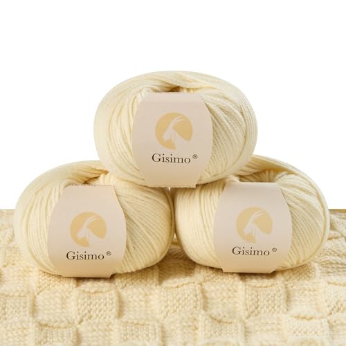 Gisimo 100 % Merinowolle, 6-lagig, luxuriöses und weiches Garn zum Handstricken und Häkeln, 50 g, 116 m (Hellgelb, 3 Knäuel) von Gisimo