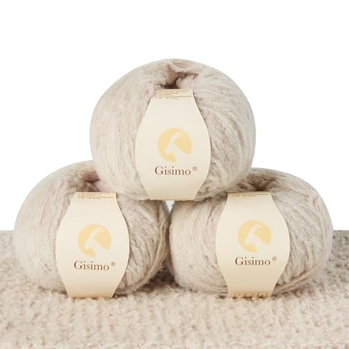 Gisimo Flauschiges Garn aus 100 % Merinowolle, 1-lagig, luxuriöses und weiches grobes Garn zum Handstricken und Häkeln, 50 g, 140 m (Beige, 3 Knäuel) von Gisimo