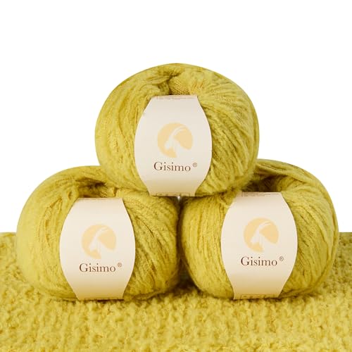 Gisimo Flauschiges Garn aus 100 % Merinowolle, 1-lagig, luxuriöses und weiches grobes Garn zum Handstricken und Häkeln, 50 g, 140 m (Gelb, 3 Knäuel) von Gisimo