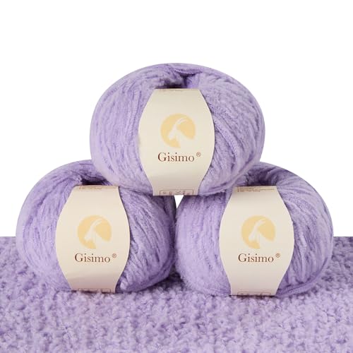 Gisimo Flauschiges Garn aus 100 % Merinowolle, 1-lagig, luxuriöses und weiches grobes Garn zum Handstricken und Häkeln, 50 g, 140 m (Hellviolett, 3 Knäuel) von Gisimo