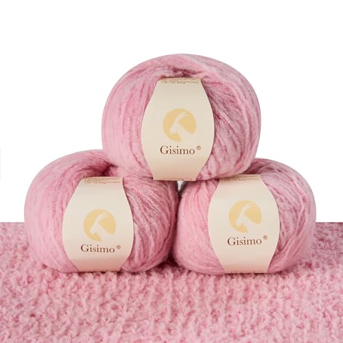 Gisimo Flauschiges Garn aus 100 % Merinowolle, 1-lagig, luxuriöses und weiches grobes Garn zum Handstricken und Häkeln, 50 g, 140 m (Rosa, 3 Knäuel) von Gisimo