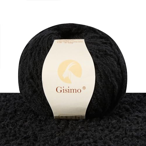 Gisimo Flauschiges Garn aus 100 % Merinowolle, 1-lagig, luxuriöses und weiches grobes Garn zum Handstricken und Häkeln, 50 g, 140 m (Schwarz, 1 Knäuel) von Gisimo