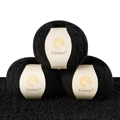 Gisimo Flauschiges Garn aus 100 % Merinowolle, 1-lagig, luxuriöses und weiches grobes Garn zum Handstricken und Häkeln, 50 g, 140 m (Schwarz, 3 Knäuel) von Gisimo