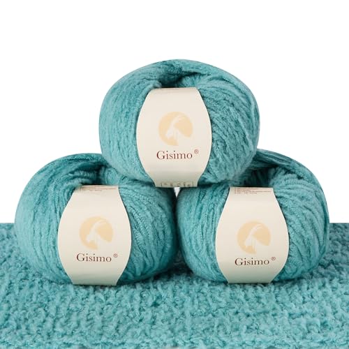 Gisimo Flauschiges Garn aus 100 % Merinowolle, 1-lagig, luxuriöses und weiches grobes Garn zum Handstricken und Häkeln, 50 g, 140 m (Seeblau, 3 Knäuel) von Gisimo