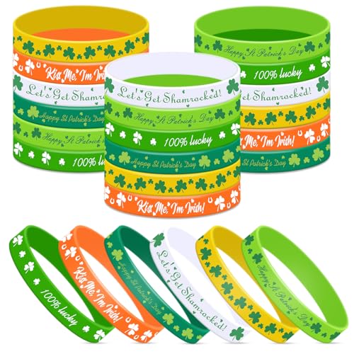 St. Patrick's Day Silikon-Armbänder, Partyzubehör, 6 Designs, irisches Kleeblatt-Armband, Glücks-Kleeblatt-Bänder, Urlaubsgeschenktütenfüller, Klassenzimmerpreise, Handgelenk-Dekorationen, 30 Stück von Gistome