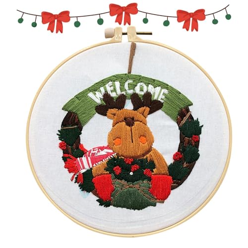 Christmas Embroidery Kits, Cotton And Linen Needlepoint Set, 7.87 Nch Embroidery Hoop, Elk Pattern Embroidery, Hand Needlepoint Set, For Adults - Christmas Stocking Embroidery Kit von Gitekain